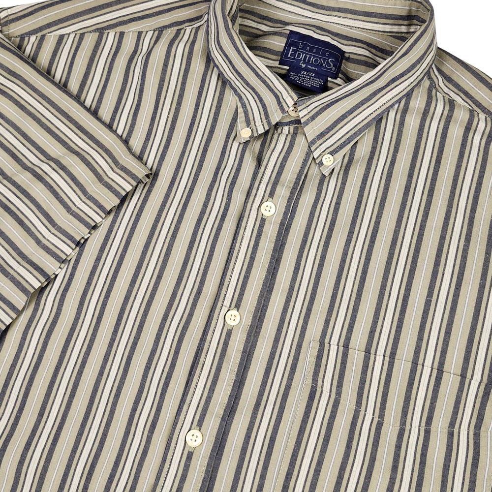 Basic‎ Editions Button Down Mens 2X Green Striped Short Sleeve Shirt Dad Casual